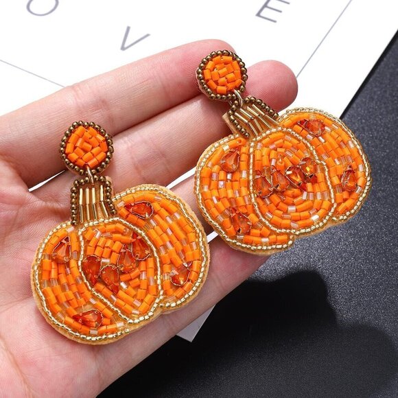 Women Orange Cute Pumpkin Ghost Beaded Dangle Earrings Spooky Skull Halloween - Picture 8 of 8